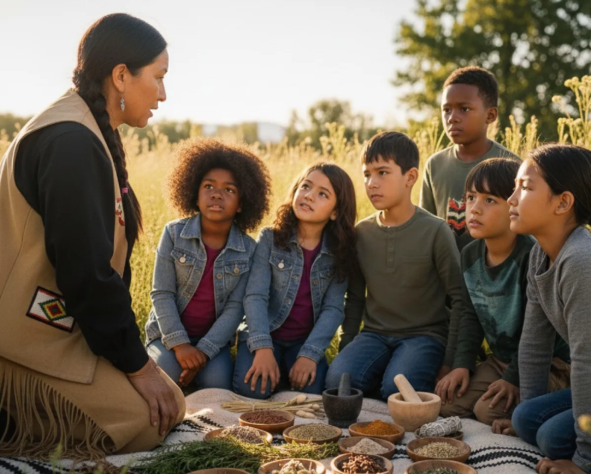Illustration of an adult sharing plant knowledge with a group of children